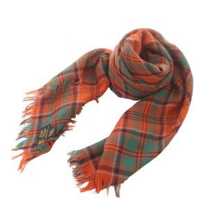 スカーフ マフラー チェック スコットランド製 ウール オレンジ 緑 グリーン