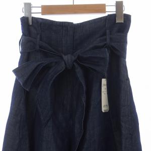 EPOCA ガウチョパンツ フレア デニム調 ベルト付き ハイウエスト 麻 リネン インディゴ 38 M 青 ブルー