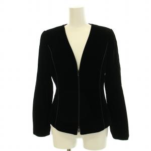 ベロアジャケット ノーカラー バルーンスリーブ パイピング ダブルジップ キュプラ混 38 M 黒 ブラック 4NG11T