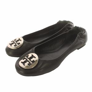 バレエシューズ フラットシューズ レザー ラウンドトゥ ロゴ金具 7M 24cm シルバー色 黒 ブラック