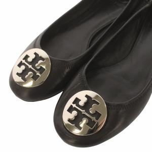 TORY BURCH バレエシューズ フラットシューズ レザー ラウンドトゥ ロゴ金具 7M 24cm シルバー色 黒 ブラック