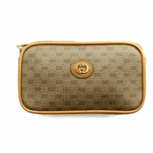 オールドグッチ ヴィンテージ ポーチ 小物入れ 総柄 インターロッキング GG柄 PVC レザー ロゴ 茶 ブラウン GY11