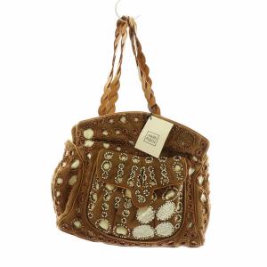 JAMIN PUECH ハンドバッグ トート キャンバス ビーズ スパンコール ビジュー 総柄 ロゴ 茶 ブラウン GY11