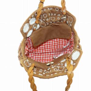 JAMIN PUECH ハンドバッグ トート キャンバス ビーズ スパンコール ビジュー 総柄 ロゴ 茶 ブラウン GY11