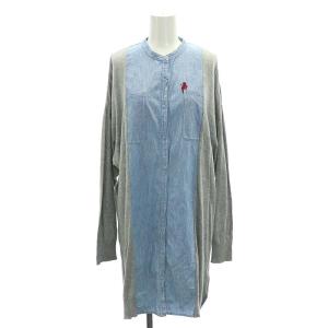 ロングカーデガン ワンピース 膝丈 長袖 ニット 切替 シャンブレー デニム バンドカラー F グレー ライトブルー