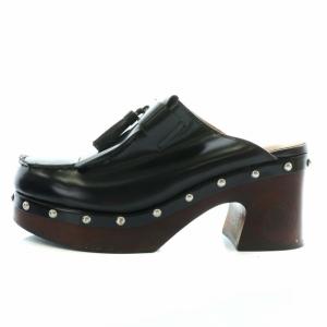 サボサンダル ミュール ウッドヒール フリンジ キルトタッセル スタッズ ロゴ 25cm 黒 ブラック