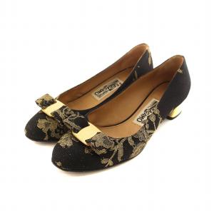 パンプス チャンキーヒール レース 総柄 ロゴ ヴァラ リボン 6 23.5cm 黒 ブラック GY99