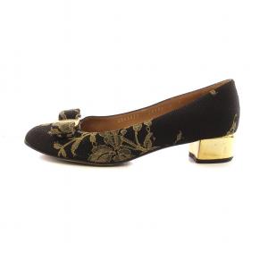 Salvatore Ferragamo パンプス チャンキーヒール レース 総柄 ロゴ ヴァラ リボン 6 23.5cm 黒 ブラック GY99