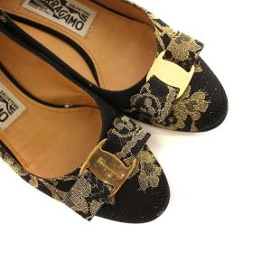 Salvatore Ferragamo パンプス チャンキーヒール レース 総柄 ロゴ ヴァラ リボン 6 23.5cm 黒 ブラック GY99