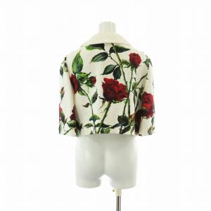 DOLCE&GABBANA ステンカラージャケット 絹 シルク混 七分袖 ショート丈 花柄 バラ 44 L 白 ホワイト 赤 レッド