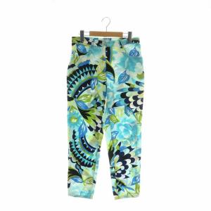 白タグ テーパードパンツ 総柄 ジップフライ 40 M 青 ブルー 緑 グリーン