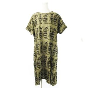 ワンピース ロング 半袖 麻 リネン混 刺繍 ミミズク フクロウ 鳥 総柄 緑 カーキ /CK20 GY12