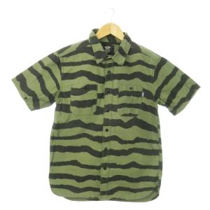 BRIGADE 半袖シャツ コットン ゼブラ柄 総柄 アニマル ダブルポケット ハリ感 L 緑 カーキ