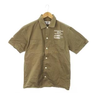 ワークシャツ 半袖 コットン 胸ポケット 刺繍 ワッペン ロゴ L 茶 ブラウン /MN8 GY12