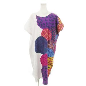 貫頭衣 ロングワンピース ラウンドネック 半袖 板尾織物 高島縮 ぽんぽんダリア 白 ホワイト /MN3