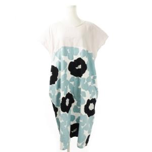 貫頭衣 優 ワンピース ロング 半袖 楊柳 シャリ感 薄手 切替 花柄 青 ブルー /CK24 GY35