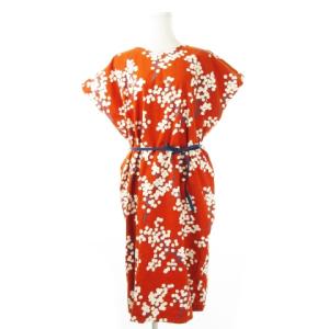 貫頭衣 南天竹 ワンピース ロング Vネック 半袖 麻 リネン混 ウエストマーク リボン オレンジ /CK23