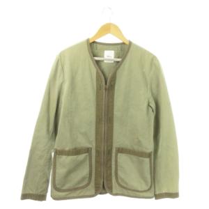 ノーカラージャケット ジップアップ Vカット コットン パイピング M 緑 グリーン /AO10 GY35