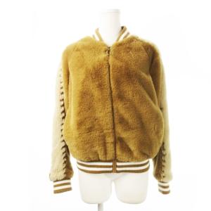 フェイクファースタジャン ジャンパー ブルゾン ジップアップ ライン スタッズ 柄裏地 S 茶 ブラウン