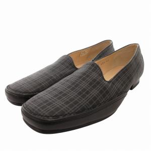 スリッポン ローファー チェック レザー 24.5EE 黒 ブラック グレー /FF GY01