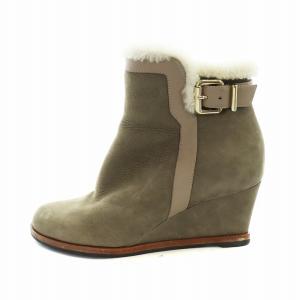 ショートブーツ ムートン サイドジップ スエード ロゴ ボア ベルト ウェッジソール 37 24cm カーキ