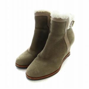 FENDI ショートブーツ ムートン サイドジップ スエード ロゴ ボア ベルト ウェッジソール 37 24cm カーキ