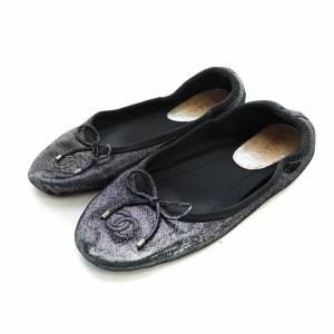 フラットバレーシューズ ココマーク ロゴ リボン ラメ 36 23cm 黒 ブラック GY19