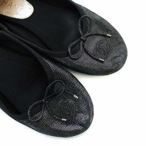 CHANEL フラットバレーシューズ ココマーク ロゴ リボン ラメ 36 23cm 黒 ブラック GY19