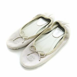 フラットバレーシューズ ココマーク ロゴ リボン ラメ 36 23cm ベージュ シルバー色 GY19