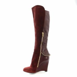 ロングブーツ スエード レザー サイドファスナー ウェッジソール ロゴ ゴールド金具 36 23-23.5cm