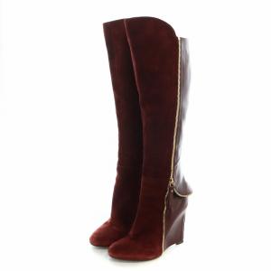 Sergio Rossi ロングブーツ スエード レザー サイドファスナー ウェッジソール ロゴ ゴールド金具 36 23-23.5cm