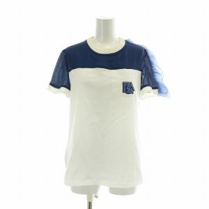 Tシャツ カットソー 絹 シルク 切り替え 半袖 クルーネック フリル ロゴ XS 白 ホワイト 紺 ネイビー