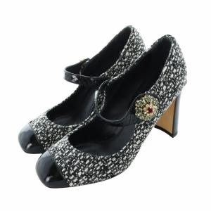 パンプス スクエアトゥ ツイード ビジュー ロゴ ストラップ チャンキーヒール 35.5 22.5cm