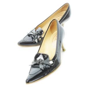 エナメルパンプス ハイヒール ポインテッドトゥ パテントレザー リボン 35.5 22.5 黒 ブラック