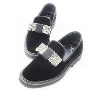 Sin ベロアスリッポン ローファー リボンモチーフ ラインストーン 小さいサイズ 34 21.0 黒