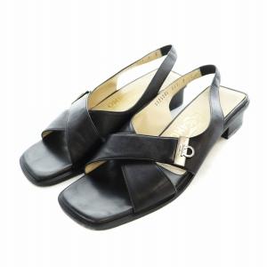 サンダル クロスストラップ ロゴ スクエアトゥ シルバー金具 ガンチーニ レザー 7 24.5cm 黒