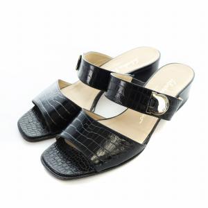 サンダル ミュール スクエアトゥ ロゴ クロコ 型押し ガンチーニ 7 24.5cm 黒 ブラック GY19