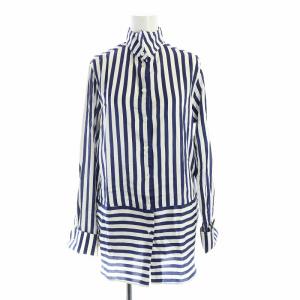 長袖シャツ ストライプ ボーダー 絹 シルク ロゴ UK4 XS 紺 ネイビー 白 ホワイト GY19
