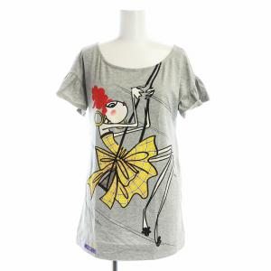 カットソー フレンチスリーブ Tシャツ プリント フリル ロゴ ラインストーン 38 S グレー GY19