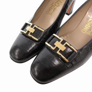 Salvatore Ferragamo パンプス チャンキーヒール クロコ型押し ゴールド金具 7 D 黒 ブラック