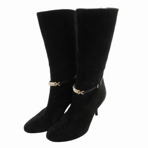 ショートブーツ ロゴ ベルト ヒール スエード 36.5 C 黒 ブラック /FF GY19