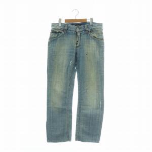 デニムパンツ ジーンズ リネン混 ストレート ダメージ加工 ジップフライ ロゴプレート スタッズ 48