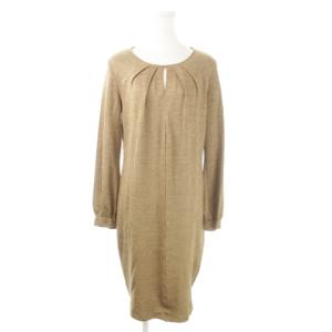 白タグ ワンピース ひざ丈 長袖 ストレッチ タック 茶 ブラウン /AO1 GY19