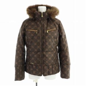 ダウンジャケット 長袖 ジップアップ フード ロゴ 刺繍 総柄 M 茶 ブラウン GY12 /MQ