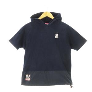 パーカー プルオーバー 半袖 切替 ナイロン ストレッチ ロゴワッペン ドロスト ゴルフ M 紺 ネイビー