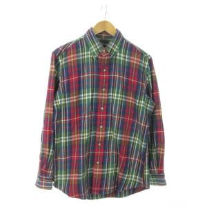 ネルシャツ ボタンダウンシャツ 長袖 コットン チェック ロゴ刺繍 L 緑 グリーン