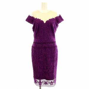 ミヤ オフショルダー ワンピース ドレス タイト ひざ丈 総レース チュール 花柄 刺繍 4 紫 パープル