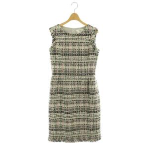 TISSUE ツイードワンピース ロング フリンジ ノースリーブ タイト 36 ブラック ピンク /MY