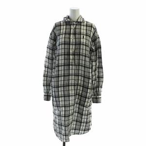 シャツワンピース ロング 長袖 ロゴ 刺繍 チェック柄 2 S 黒 ブラック 白 ホワイト GY19 /MQ