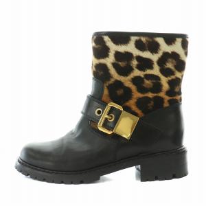 エンジニアブーツ ショートブーツ ローヒール タンクソール レオパード ヒョウ柄 ハラコ レザー ベルト